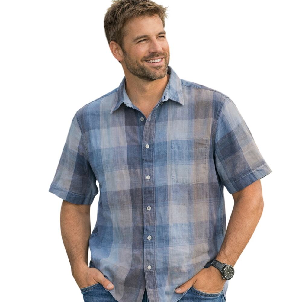 Tommy Bahama Mens 100% Cotton Short Sleeve Button-Up Shirt XL Blue Gray Check